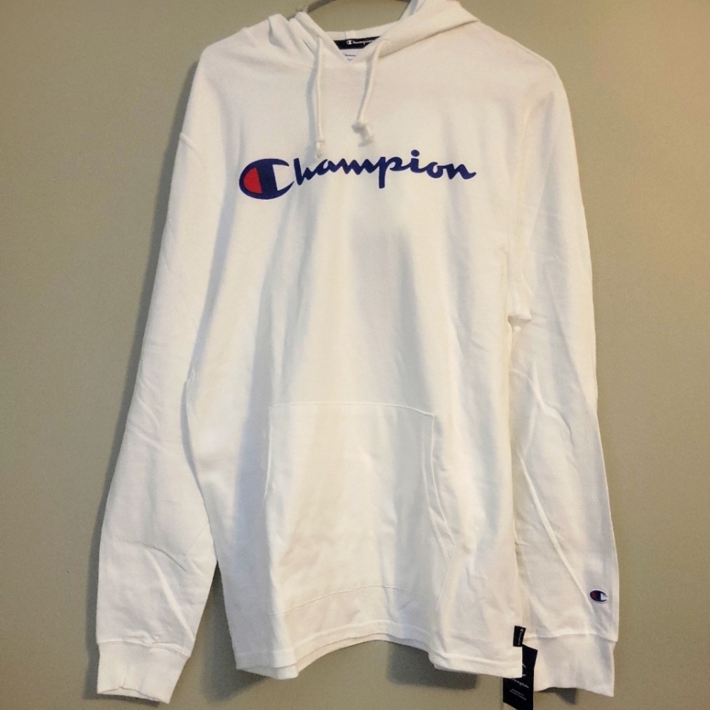 NWT Champion Heavyweight Jersey Medium White Adult Logo Long Sleeve Hoodie‎ Mens